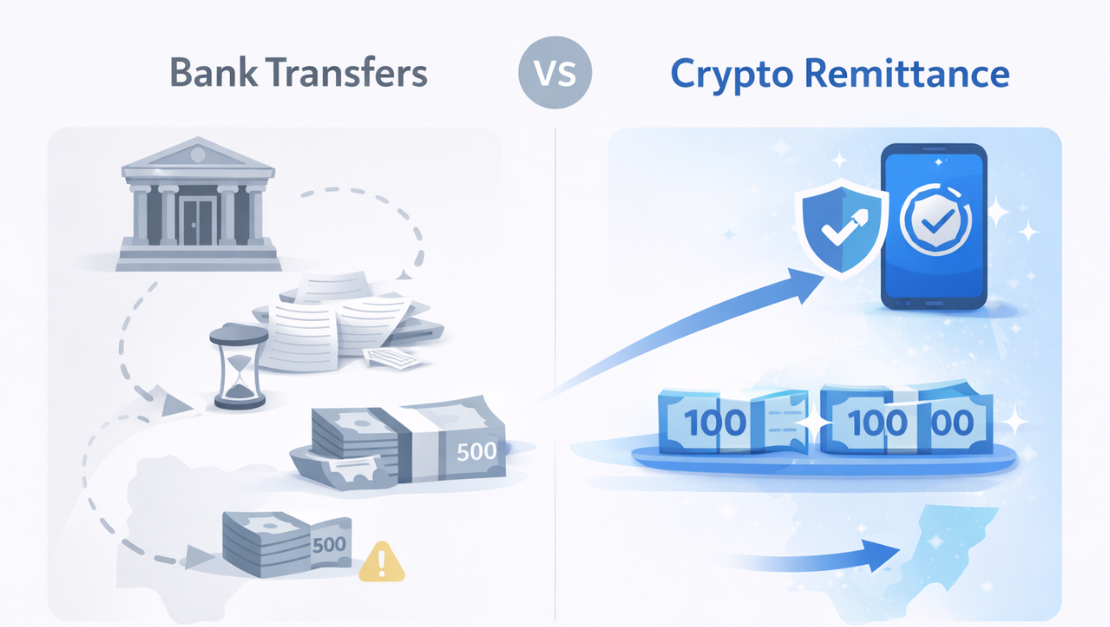 Infographic showing slow bank transfers vs fast, secure crypto remittances to Nigeria, using grey for banks and blue for crypto with Kochure branding.
