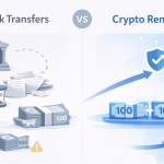 Infographic showing slow bank transfers vs fast, secure crypto remittances to Nigeria, using grey for banks and blue for crypto with Kochure branding.