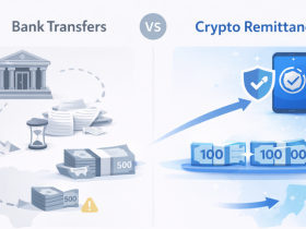 Infographic showing slow bank transfers vs fast, secure crypto remittances to Nigeria, using grey for banks and blue for crypto with Kochure branding.