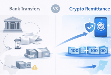 Infographic showing slow bank transfers vs fast, secure crypto remittances to Nigeria, using grey for banks and blue for crypto with Kochure branding.