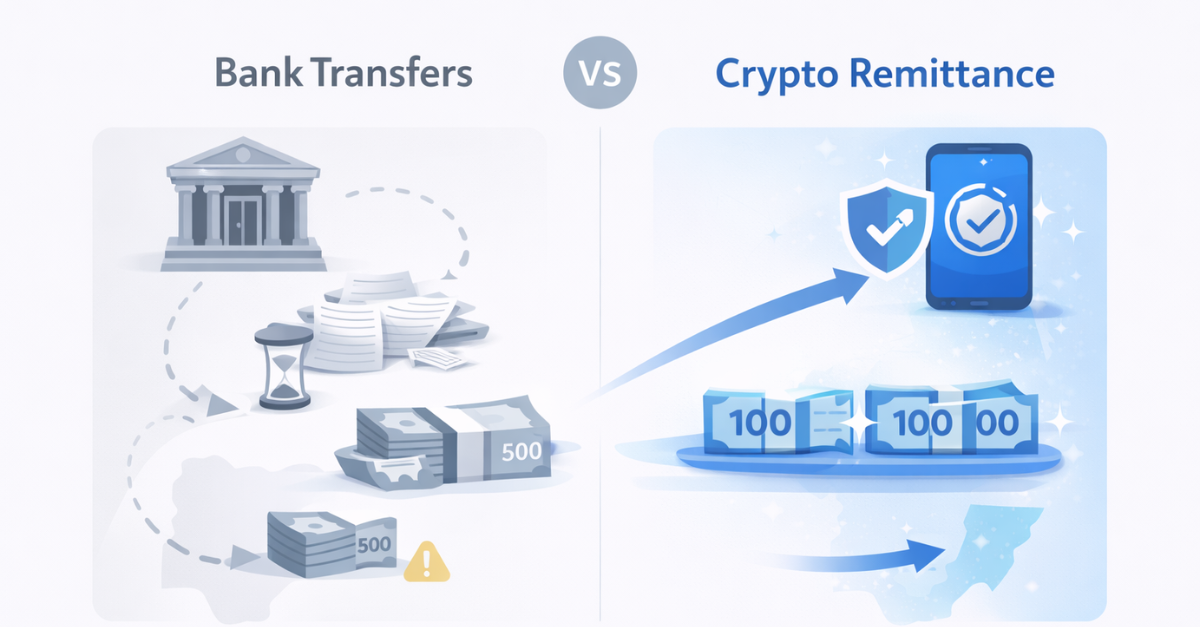 Infographic showing slow bank transfers vs fast, secure crypto remittances to Nigeria, using grey for banks and blue for crypto with Kochure branding.