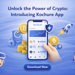 Promotional graphic titled “Unlock the Power of Crypto: Introducing Kochure App” showing a smartphone displaying the Kochure crypto trading interface, surrounded by Bitcoin and Ethereum coins, security shield icon, rocket symbol, and a “Download Now” button on a blue background.