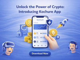 Promotional graphic titled “Unlock the Power of Crypto: Introducing Kochure App” showing a smartphone displaying the Kochure crypto trading interface, surrounded by Bitcoin and Ethereum coins, security shield icon, rocket symbol, and a “Download Now” button on a blue background.