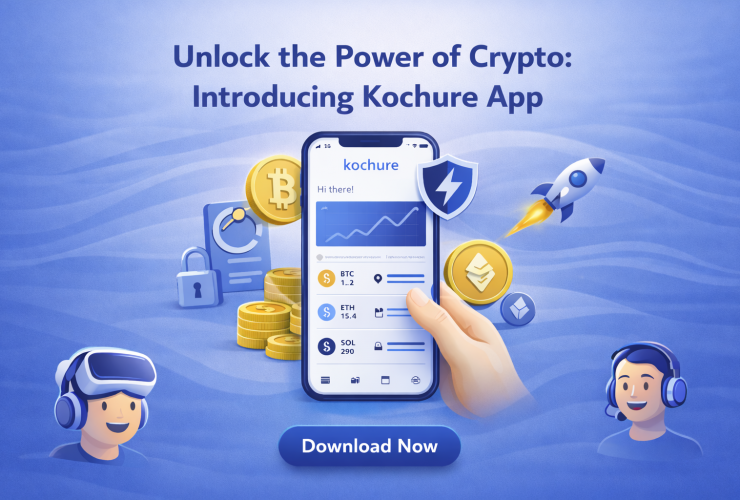 Promotional graphic titled “Unlock the Power of Crypto: Introducing Kochure App” showing a smartphone displaying the Kochure crypto trading interface, surrounded by Bitcoin and Ethereum coins, security shield icon, rocket symbol, and a “Download Now” button on a blue background.