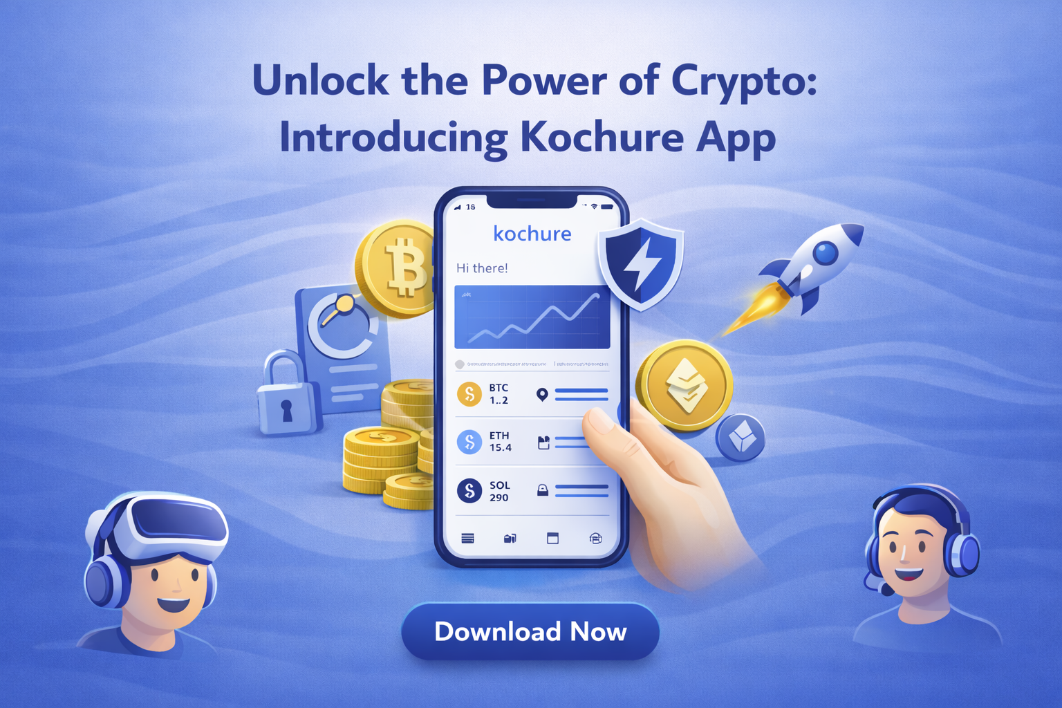 Promotional graphic titled “Unlock the Power of Crypto: Introducing Kochure App” showing a smartphone displaying the Kochure crypto trading interface, surrounded by Bitcoin and Ethereum coins, security shield icon, rocket symbol, and a “Download Now” button on a blue background.