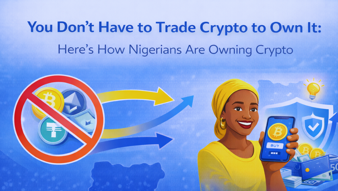 Illustration of a Nigerian woman holding a smartphone displaying a Bitcoin “Buy” button, with crypto and security icons in a blue-themed background and the headline about owning crypto without trading.
