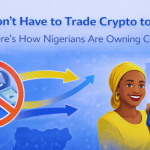 Illustration of a Nigerian woman holding a smartphone displaying a Bitcoin “Buy” button, with crypto and security icons in a blue-themed background and the headline about owning crypto without trading.