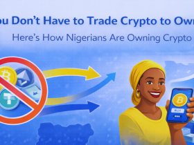 Illustration of a Nigerian woman holding a smartphone displaying a Bitcoin “Buy” button, with crypto and security icons in a blue-themed background and the headline about owning crypto without trading.