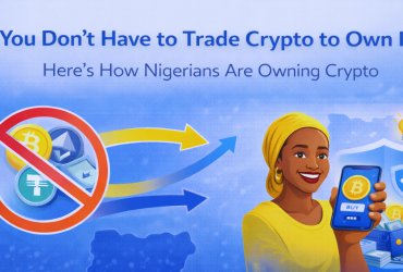 Illustration of a Nigerian woman holding a smartphone displaying a Bitcoin “Buy” button, with crypto and security icons in a blue-themed background and the headline about owning crypto without trading.