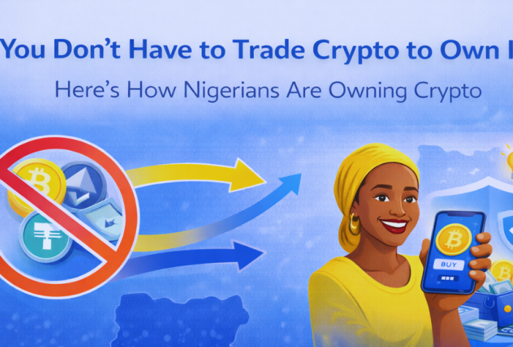Illustration of a Nigerian woman holding a smartphone displaying a Bitcoin “Buy” button, with crypto and security icons in a blue-themed background and the headline about owning crypto without trading.